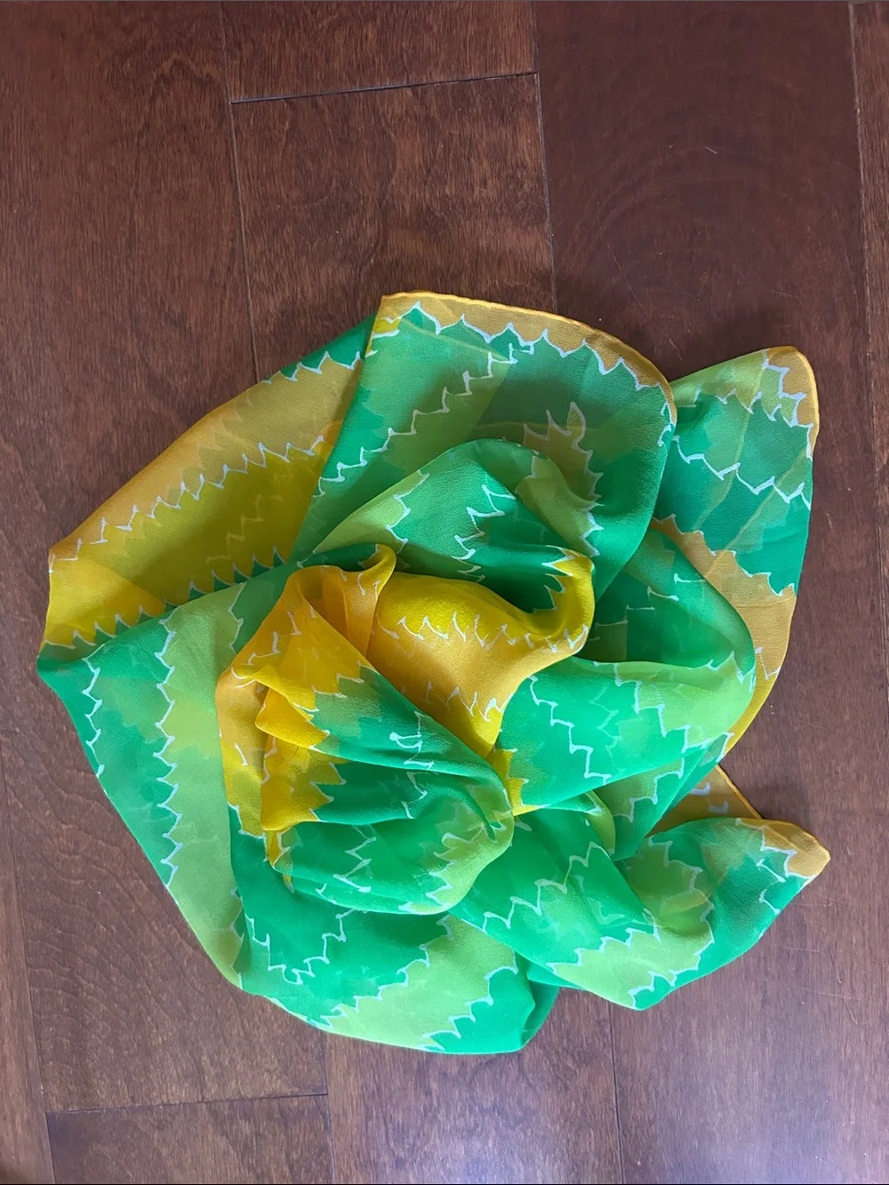 Vintage Silky Lightweight Green and Yellow Geometric Scarf